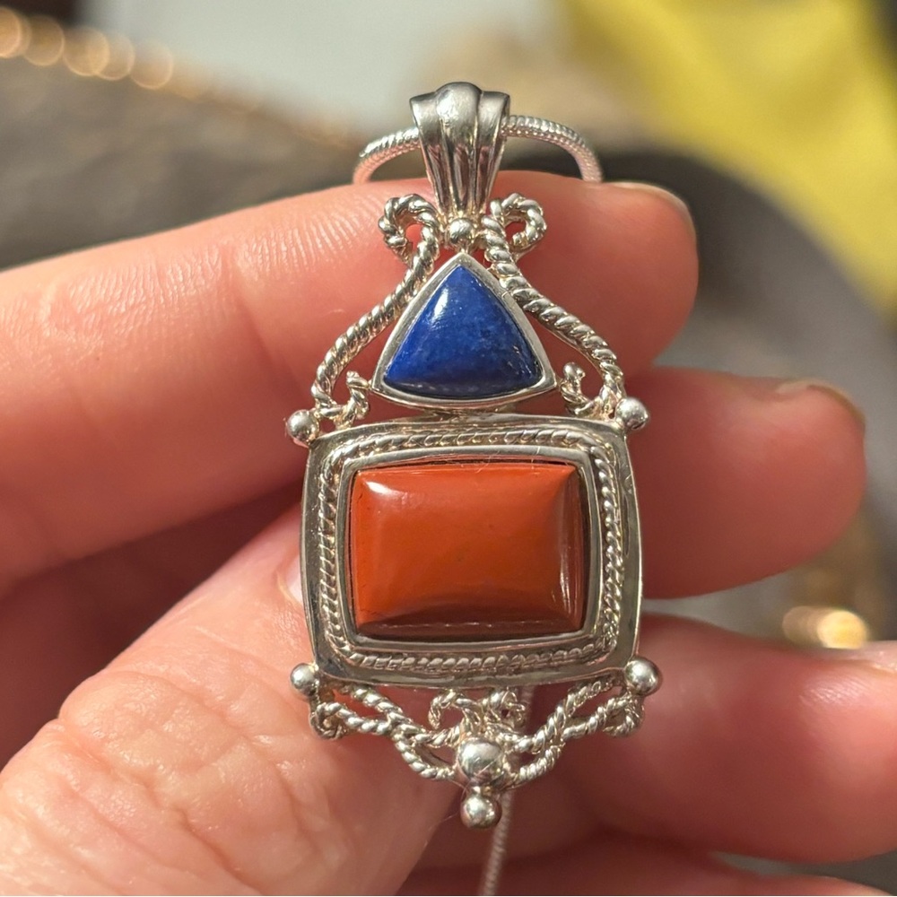 Artisan Brutalist Lapis & Red Jasper Statement Pendant • Sterling 925 • Talisman